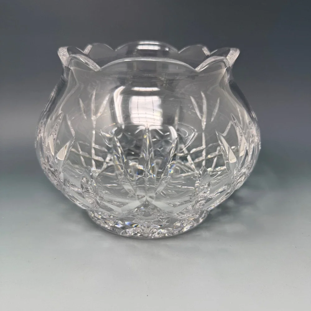 Vintage Cut Crystal Scalloped Edge Rose Bowl Vase Clear Glass Floral Decor
