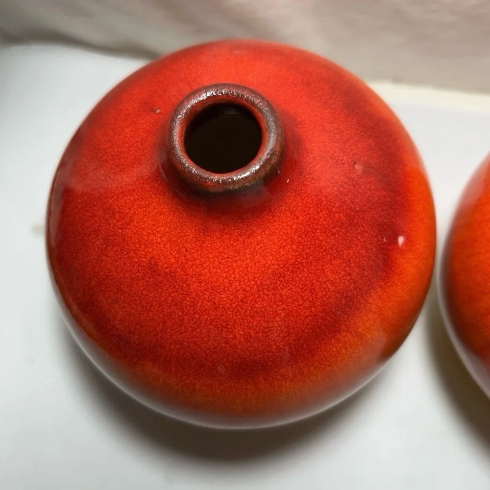 2 Drip Glaze Red Orange Yellow Bud Vase Roy Crate & Barrel Art Pottery 5” Pair