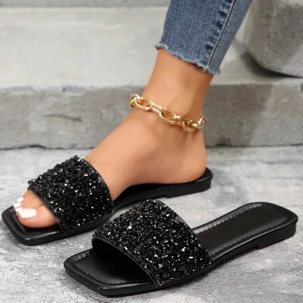 Women's Black Jeweled Slide Sandals - Elegant Slip-On