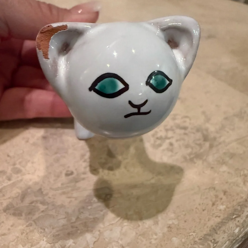 Ceramic Handmade Cat Figurine - White with Multicolor Accents