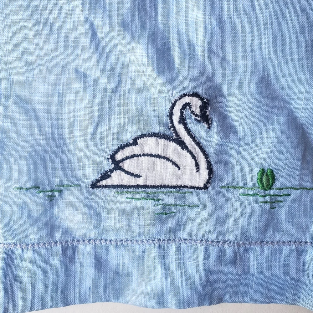Embroidered Swan on French Blue Linen Finger Towel
