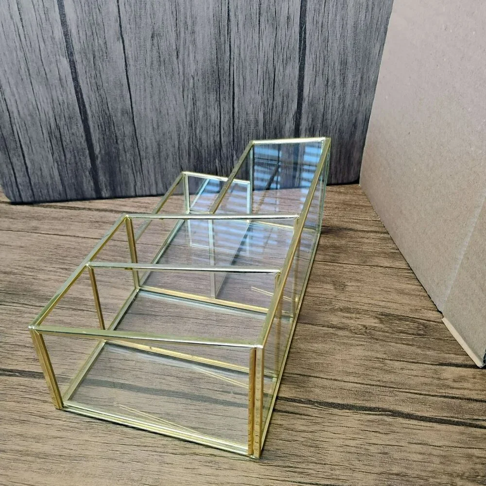 Glass & Brass Tone Vanity Organizer for Makeup, Desk, Bathroom Storage