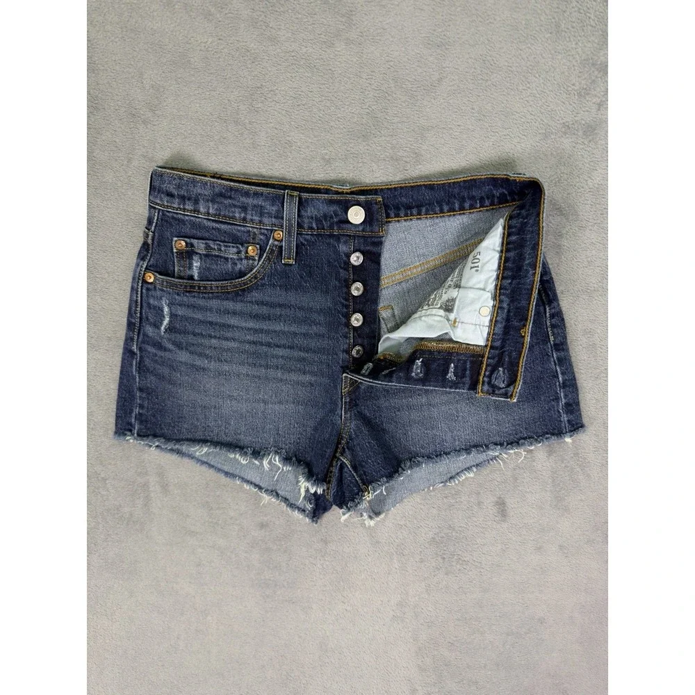 Levis 501XX Shorts Womens 28 Blue Denim Button Fly Distressed Frayed Hem