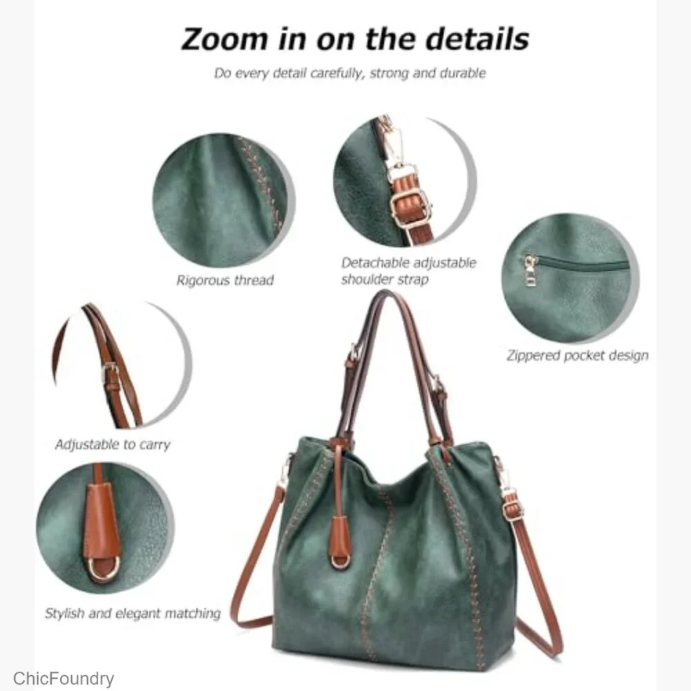 Vintage Hobo Shoulder Bag Soft Leather Bucket Tote Structured Purse Rivet Detail