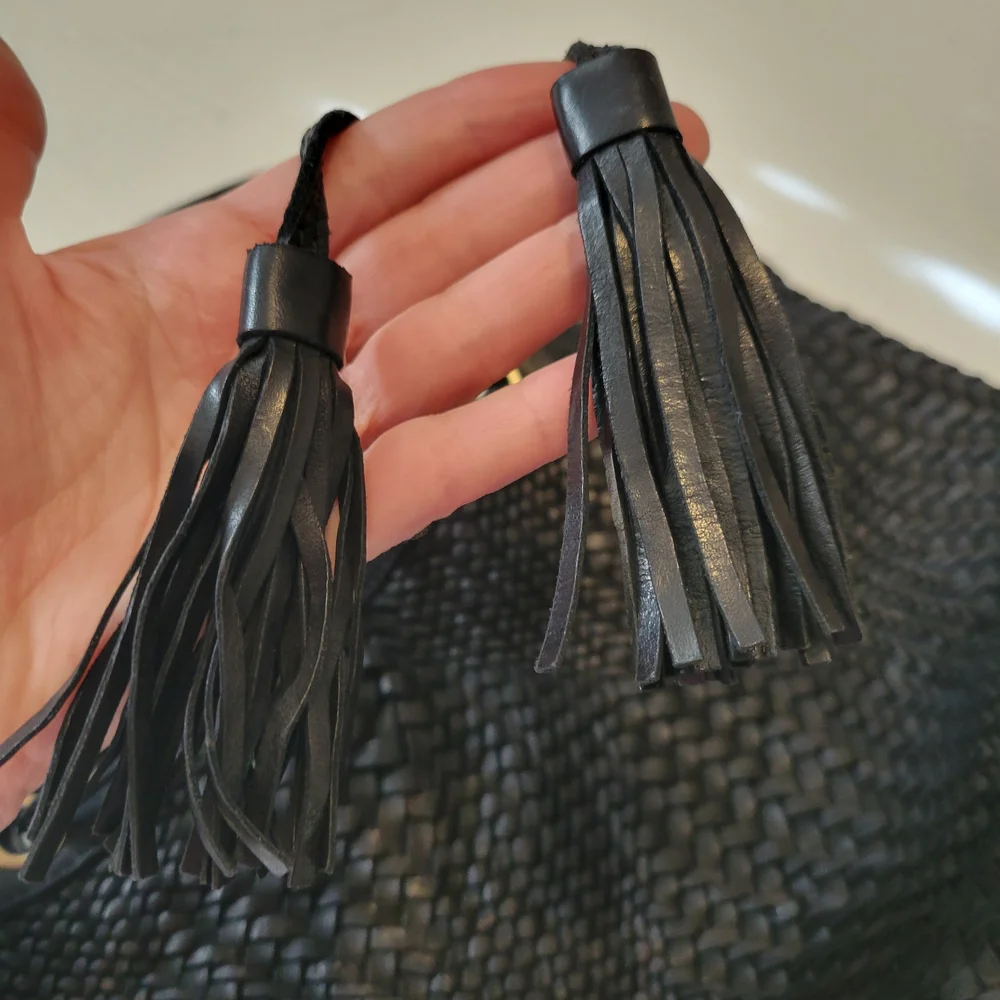 Women's Genuine  Leather Black Wicker Bucket Shoulder Strap Handbag