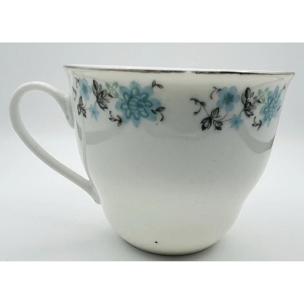 Vintage China Teacup Saucer Blue Silver Floral Porcelain Cottagecore Tea Set