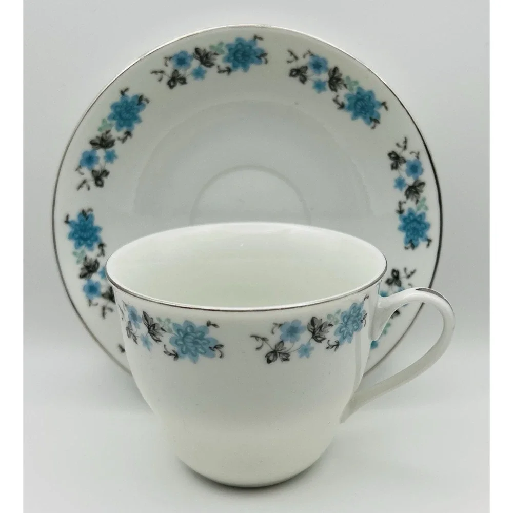 Vintage China Teacup Saucer Blue Silver Floral Porcelain Cottagecore Tea Set