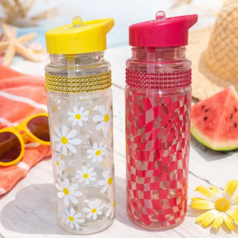 Set of 2 Cute Aesthetic Water Bottles Daisy Floral Pink Checkered 20 oz Flip Top