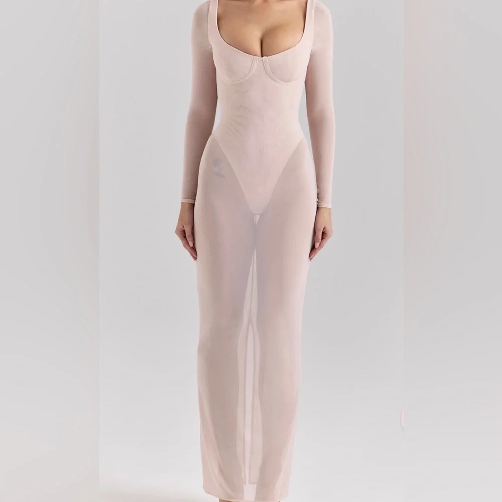 House of CB Pale Pink Sheer Long Sleeve Maxi Dress