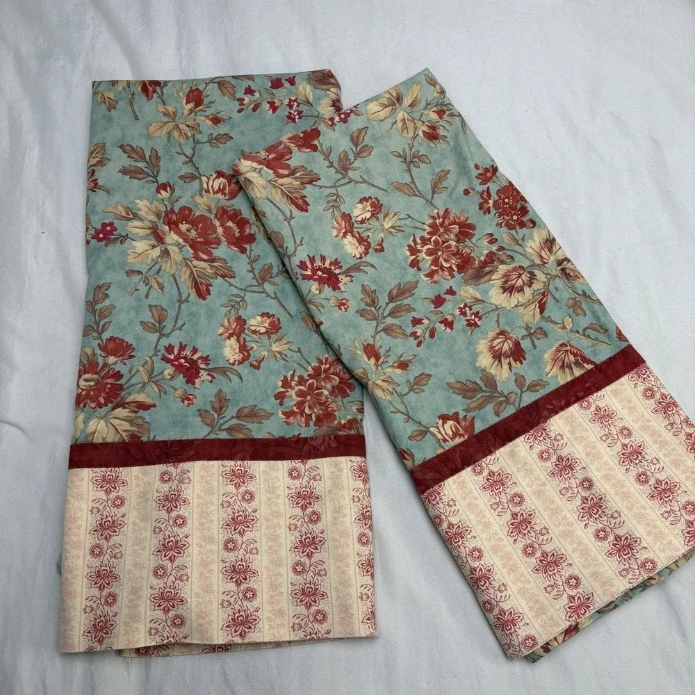 Vintage Homemade Pillowcases Cotton Floral Roses On Teal French‎ Country Cottage