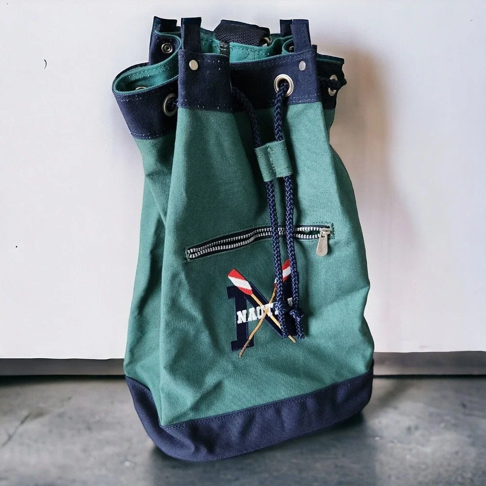Vintage NAUTICA Green Blue Heavy Canvas Draw Pull String Sailor Seaman Sling Bag