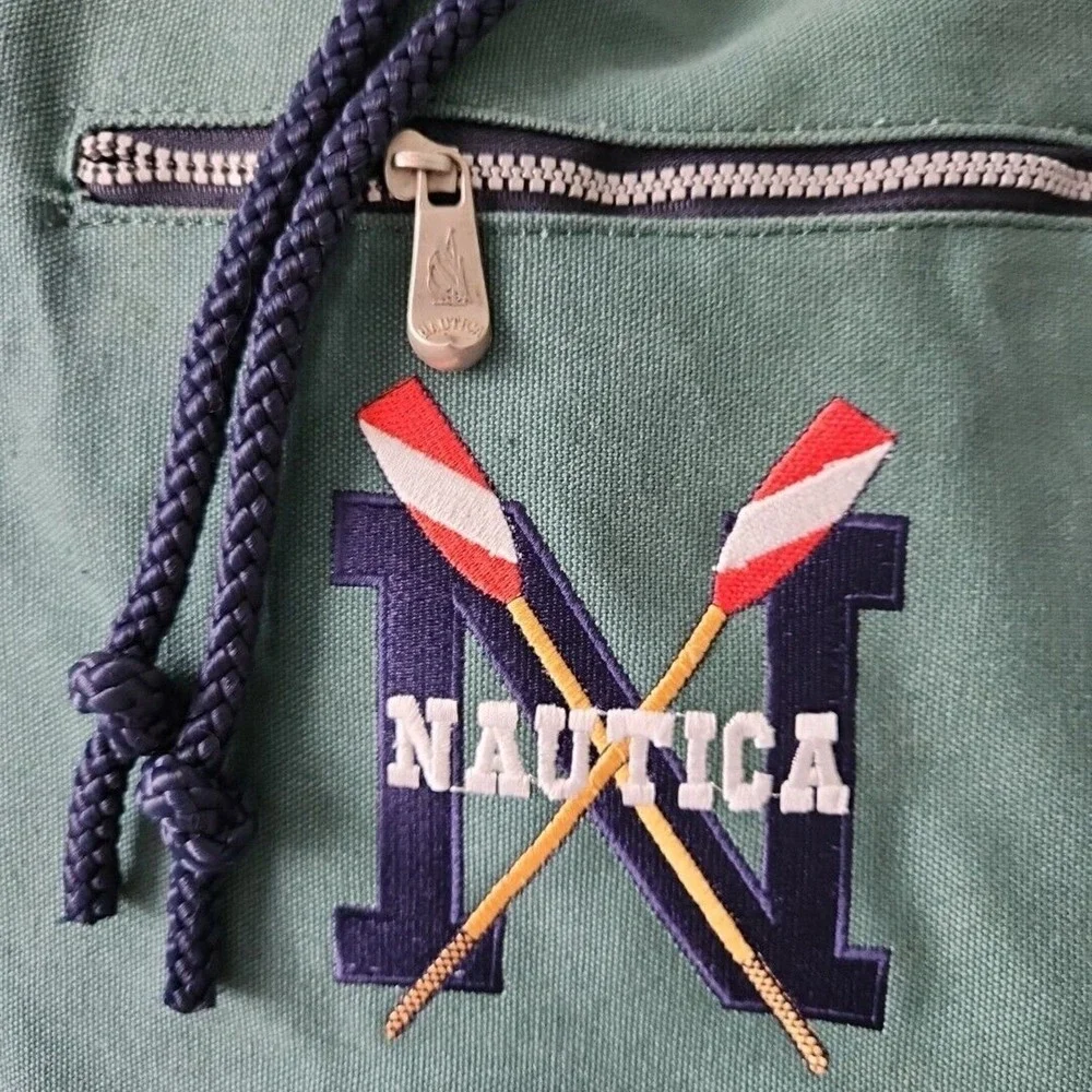 Vintage NAUTICA Green Blue Heavy Canvas Draw Pull String Sailor Seaman Sling Bag