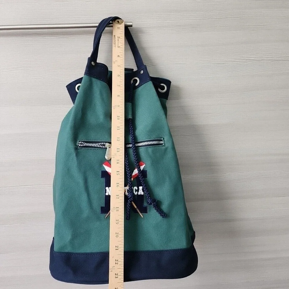 Vintage NAUTICA Green Blue Heavy Canvas Draw Pull String Sailor Seaman Sling Bag