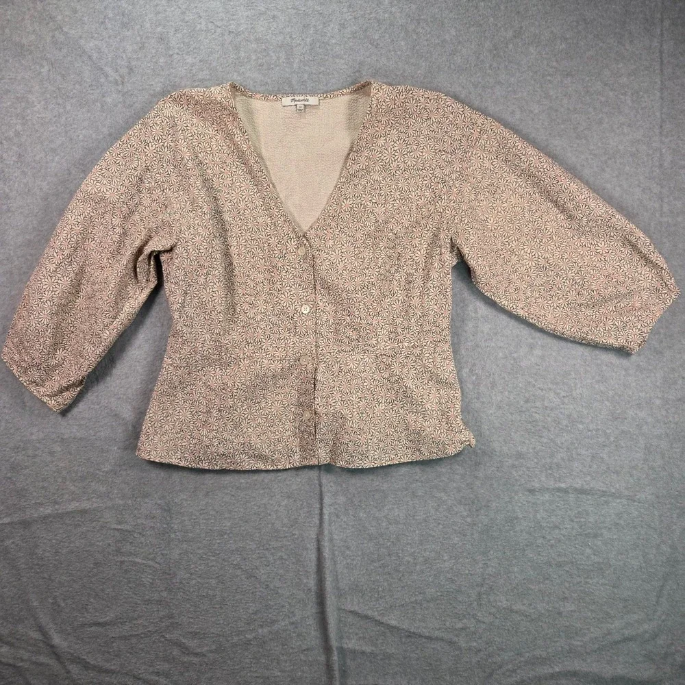 Madewell Button Front Top Women 10 Pink Floral Sleeve V-Neck Seersucker