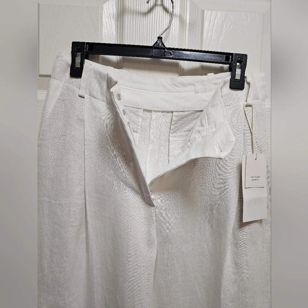 ZARA Ivory Linen Blend Wide Leg Pants Size S NWT High Waist Flowy Pockets Chic
