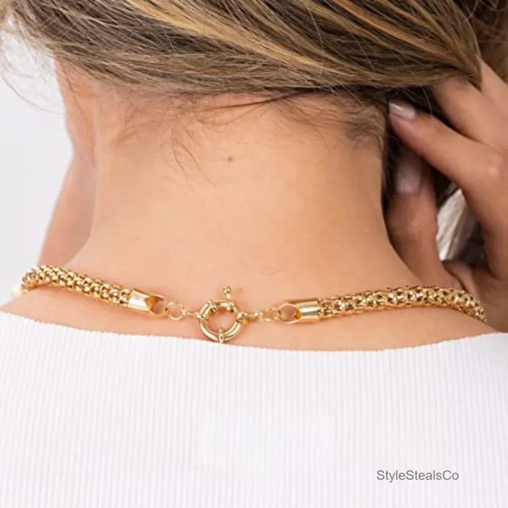 18K Gold Plated Popcorn Mesh Chain Necklace 18 Inch Length