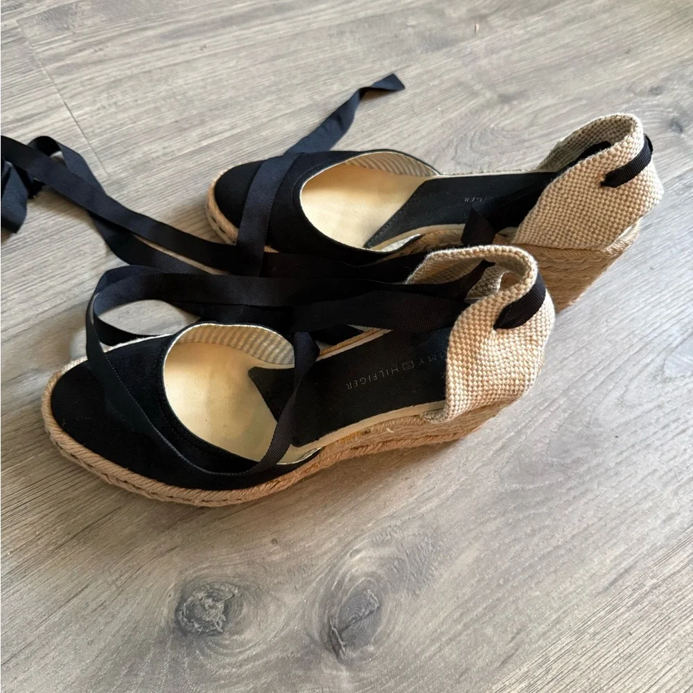 Tommy Hilfiger Black and Tan Espadrille Wedges
