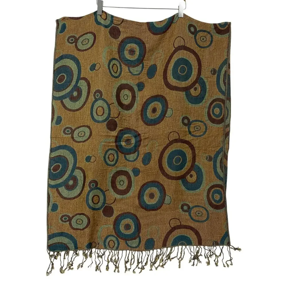 Pashmina Cashmere Silk Scarf Brown Teal Geometric Circles Wrap 64