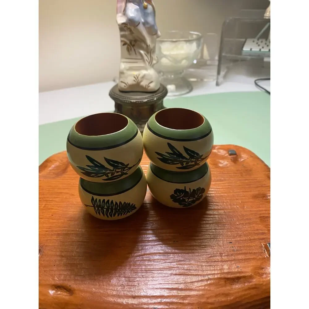 Vintage green yellow handpainted wooden napkin holders Set of 4
