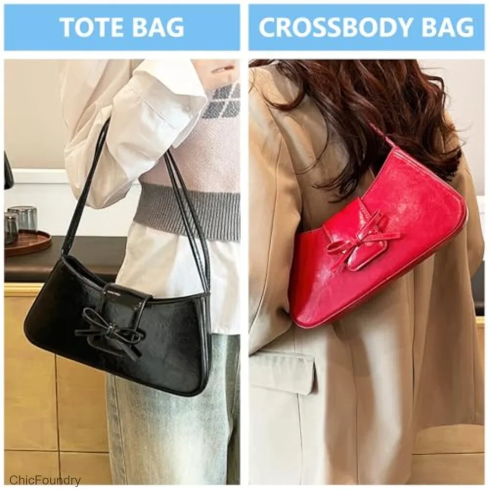 Patent Leather Hobo Shoulder Bag with Bow Detail, Zipper Closure