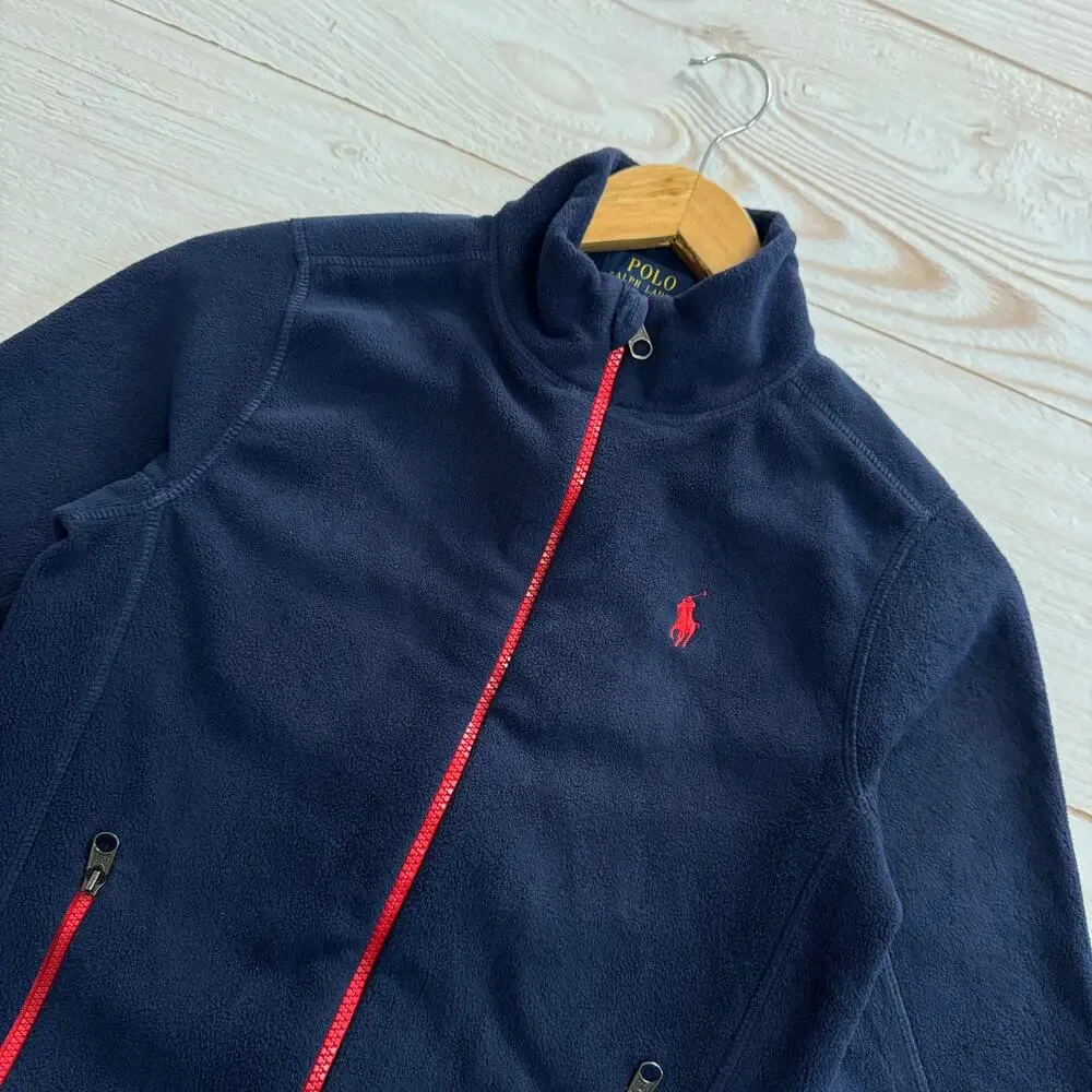 Polo Ralph Lauren Boys Size M (10-12) Full Zip Fleece Jacket Navy Red Trim