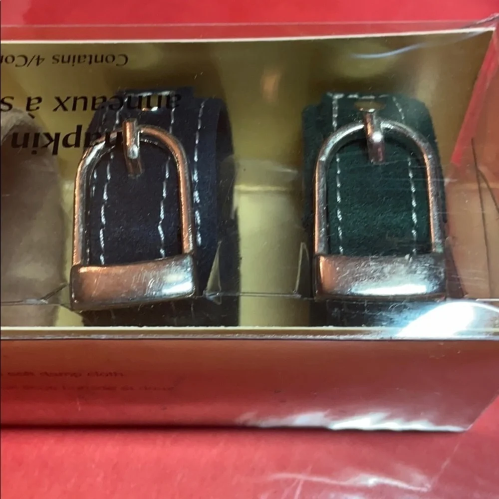 Pier 1 Novelty Suede Red, Blue, Green & Tan Watch Band Napkin Ring Holders
