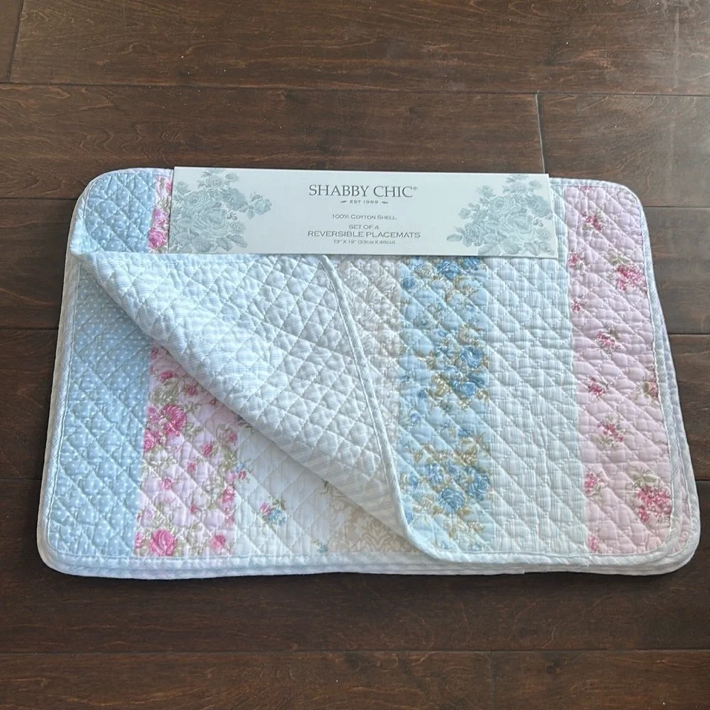 Shabby Chic 4 Scalloped Edged Quilted Placemats New Floral Roses Striped
