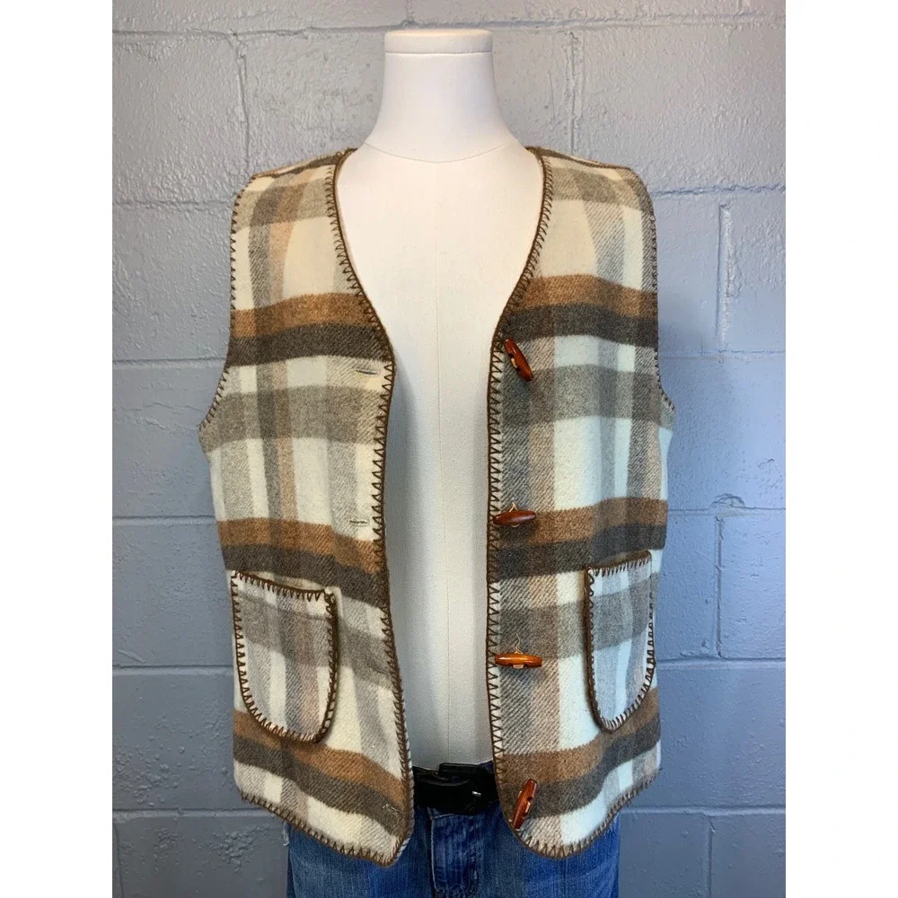 Caletta Mayoral Vintage Plaid Wool Blend Toggle Blanket Vest Brown Tan Size 16