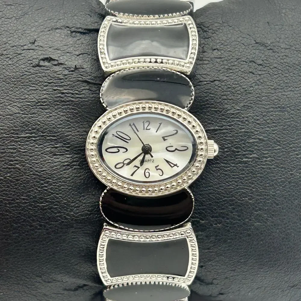 Black Mother Pearl Black And Silvertone Cuff Bracelet Watch Working New Battery