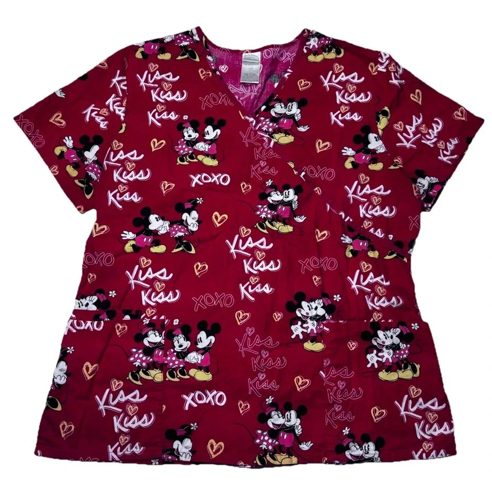 Disney Mickey Minnie Scrub Top Large Valentine XOXO Nurse Medical Uniform