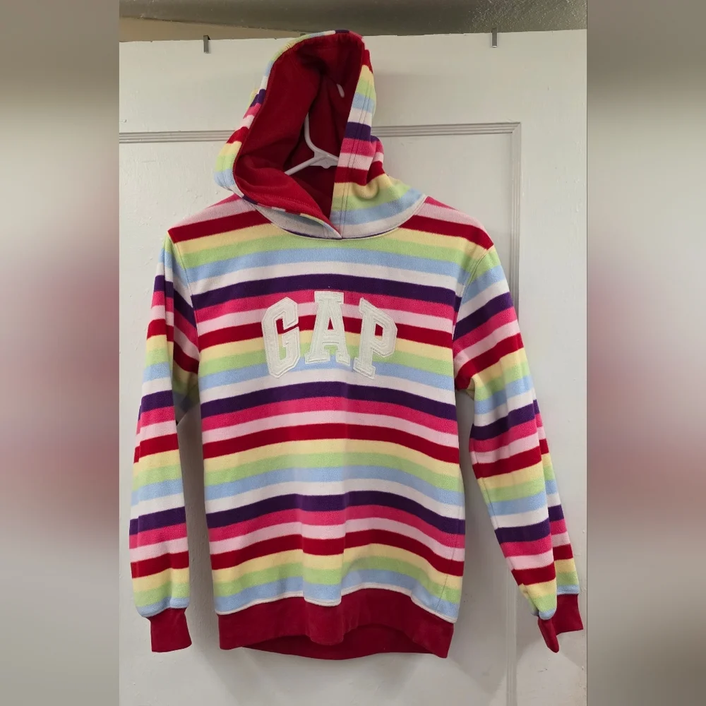 Gap Kids Rainbow Stripe Hoodie Fleece Logo Pullover Size XXL 14-16