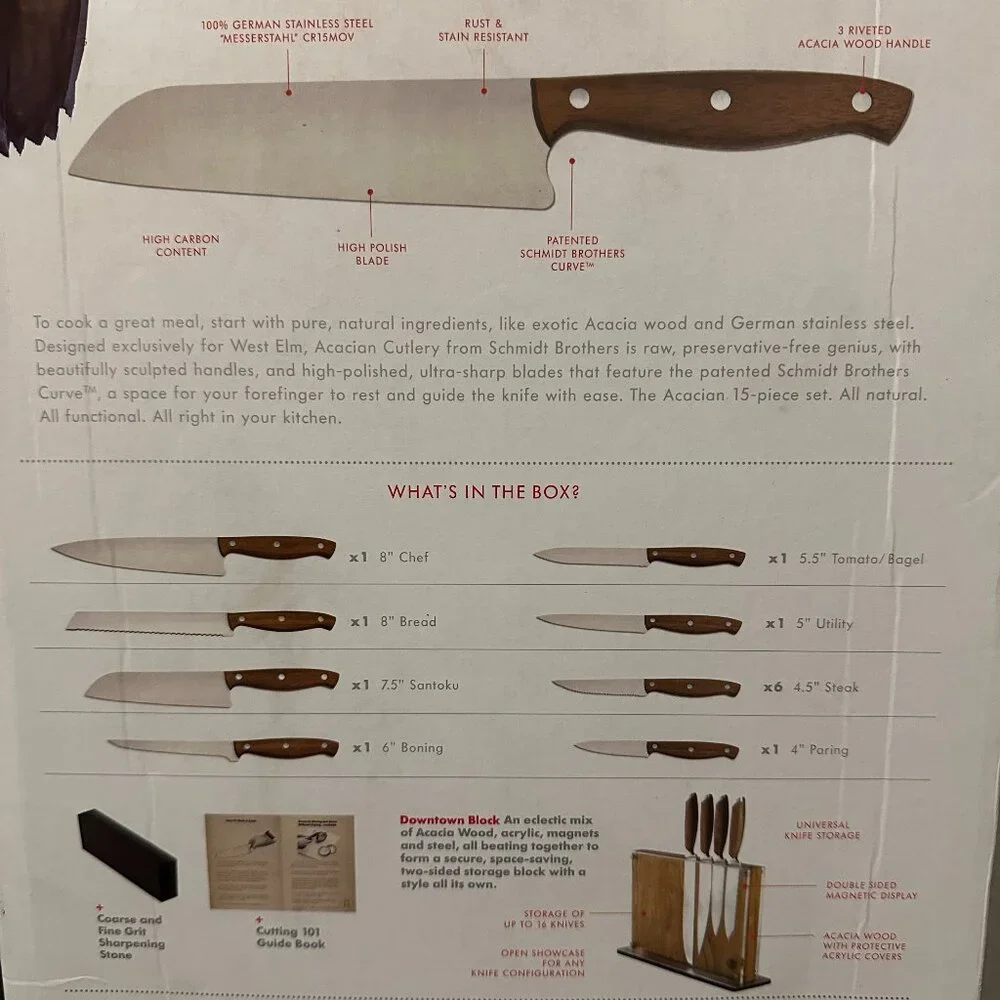 Schmidt Bros Acacian No. 3 Complete 15-Piece Knife Set w/ Magnetic Block & Box