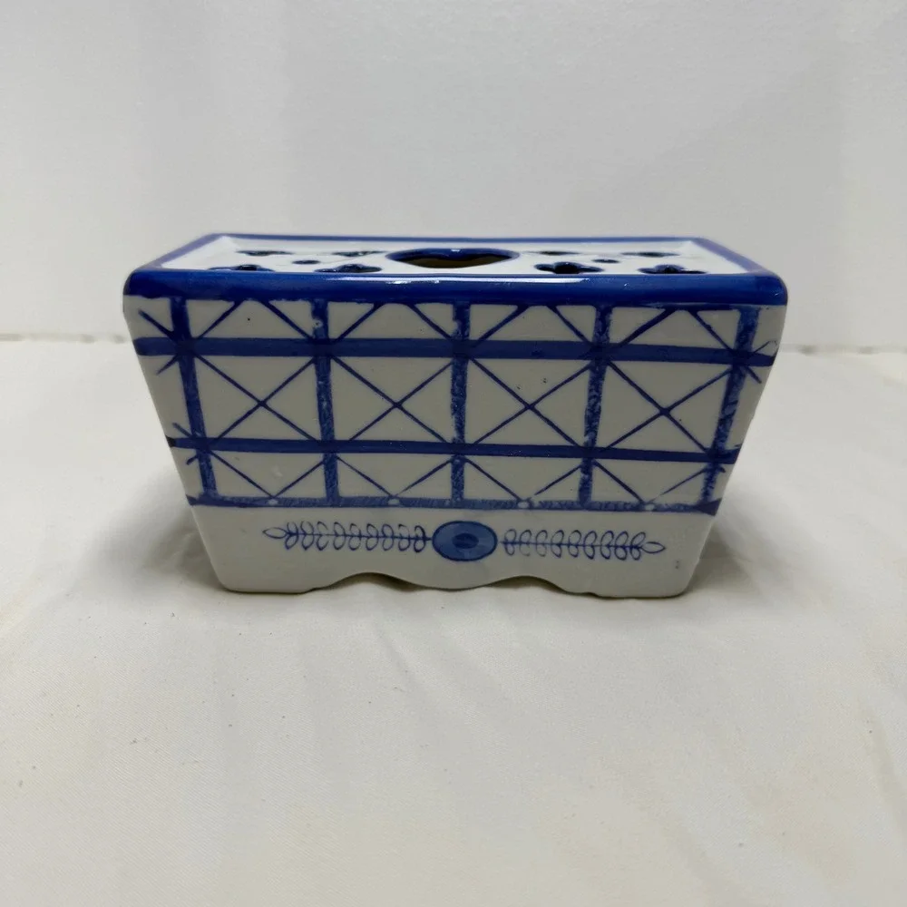 Antique Delft Blue & White Porcelain Faience Flower Frog Vase Brick 6