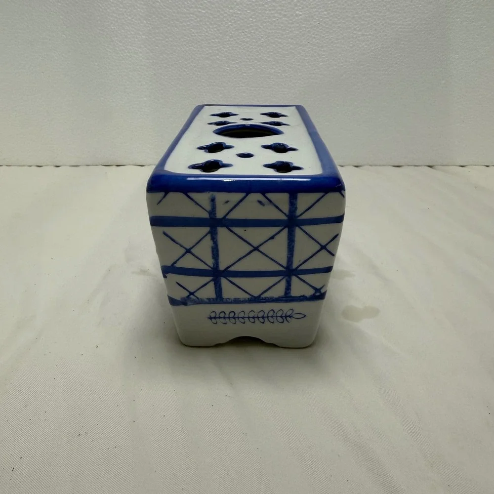 Antique Delft Blue & White Porcelain Faience Flower Frog Vase Brick 6