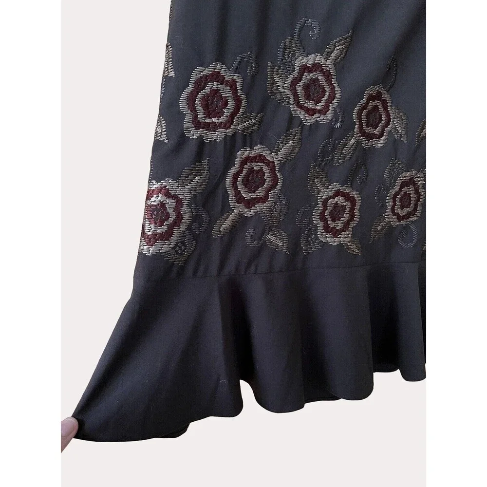Ann Taylor Loft Embroidered Ruffle Skirt Floral Brown Green Tan Red 0