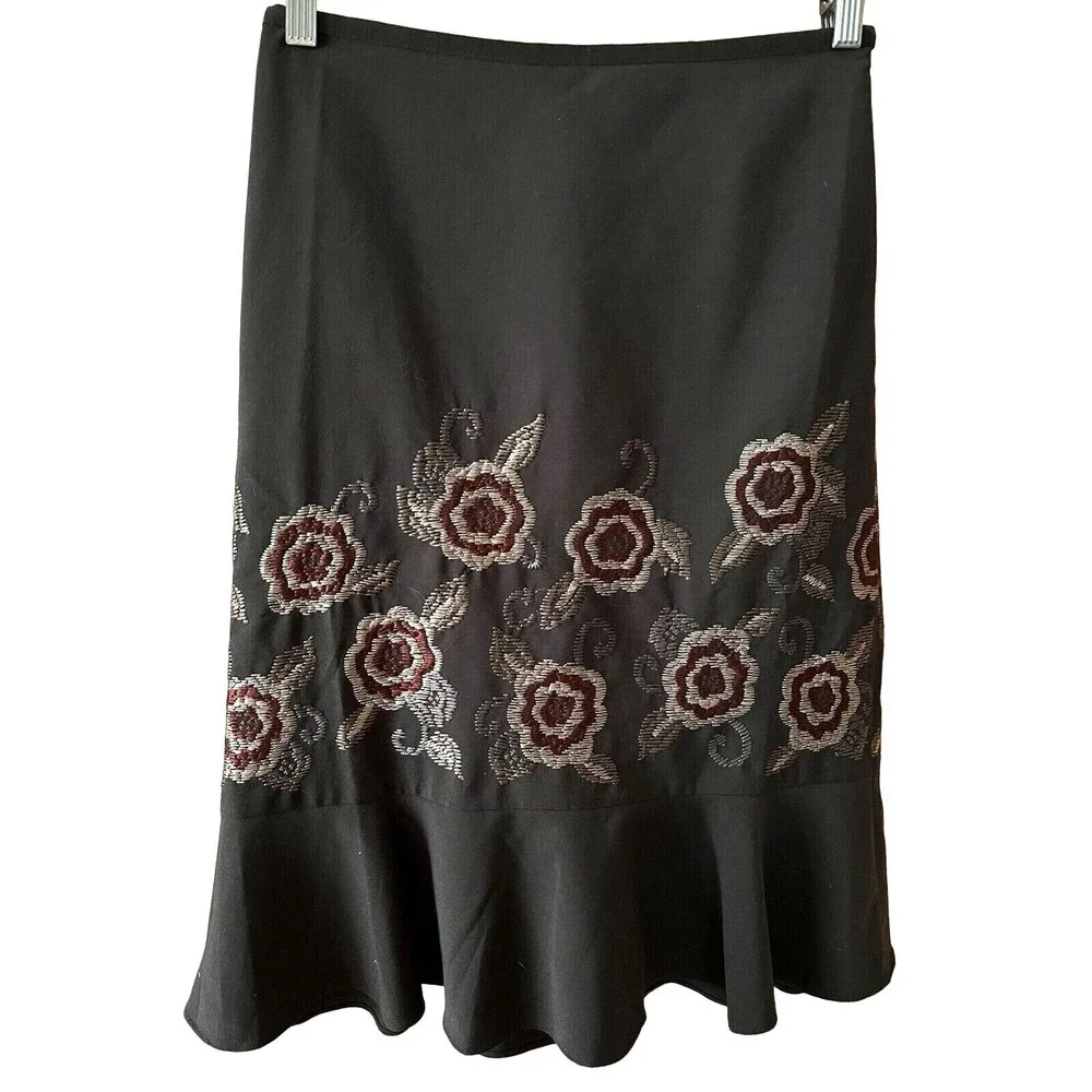 Ann Taylor Loft Embroidered Ruffle Skirt Floral Brown Green Tan Red 0