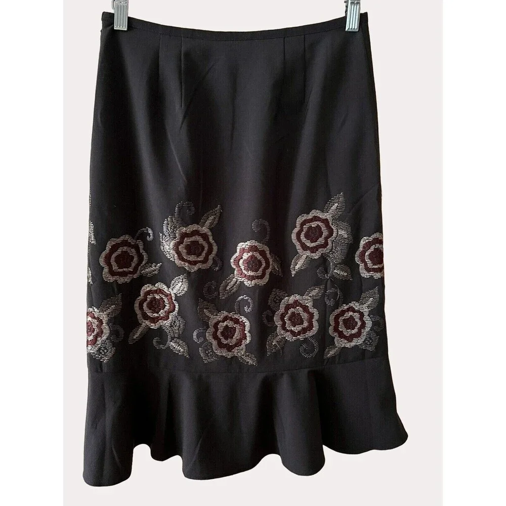 Ann Taylor Loft Embroidered Ruffle Skirt Floral Brown Green Tan Red 0