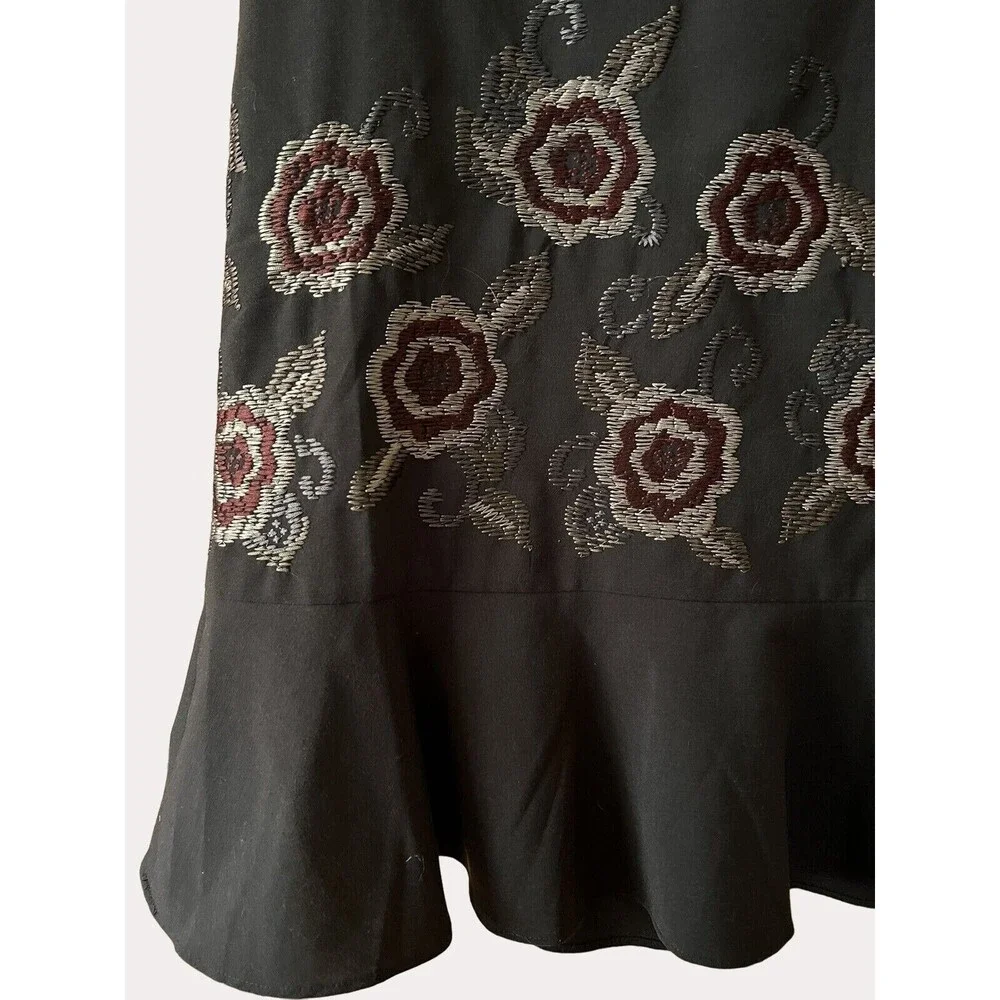 Ann Taylor Loft Embroidered Ruffle Skirt Floral Brown Green Tan Red 0
