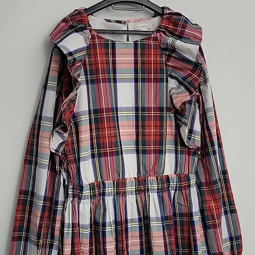 NWT J. Crew Girls Tartan Plaid Ruffle Shoulder Long Sleeve Dress Size 14