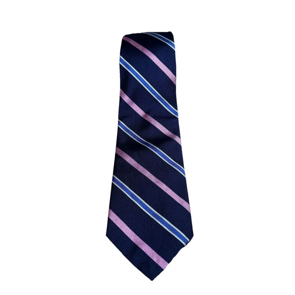 Polo Ralph Lauren Men 100% Silk Neck Tie Pink Blue Stripe Handmade in Italy Luxe