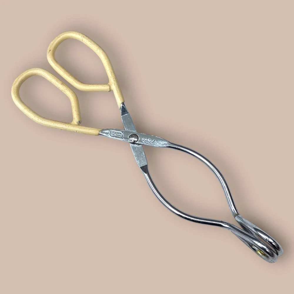 Vintage EKCO USA Kitchen Tongs Set of 3 Metal Scissor Style Tongs Silver Cream