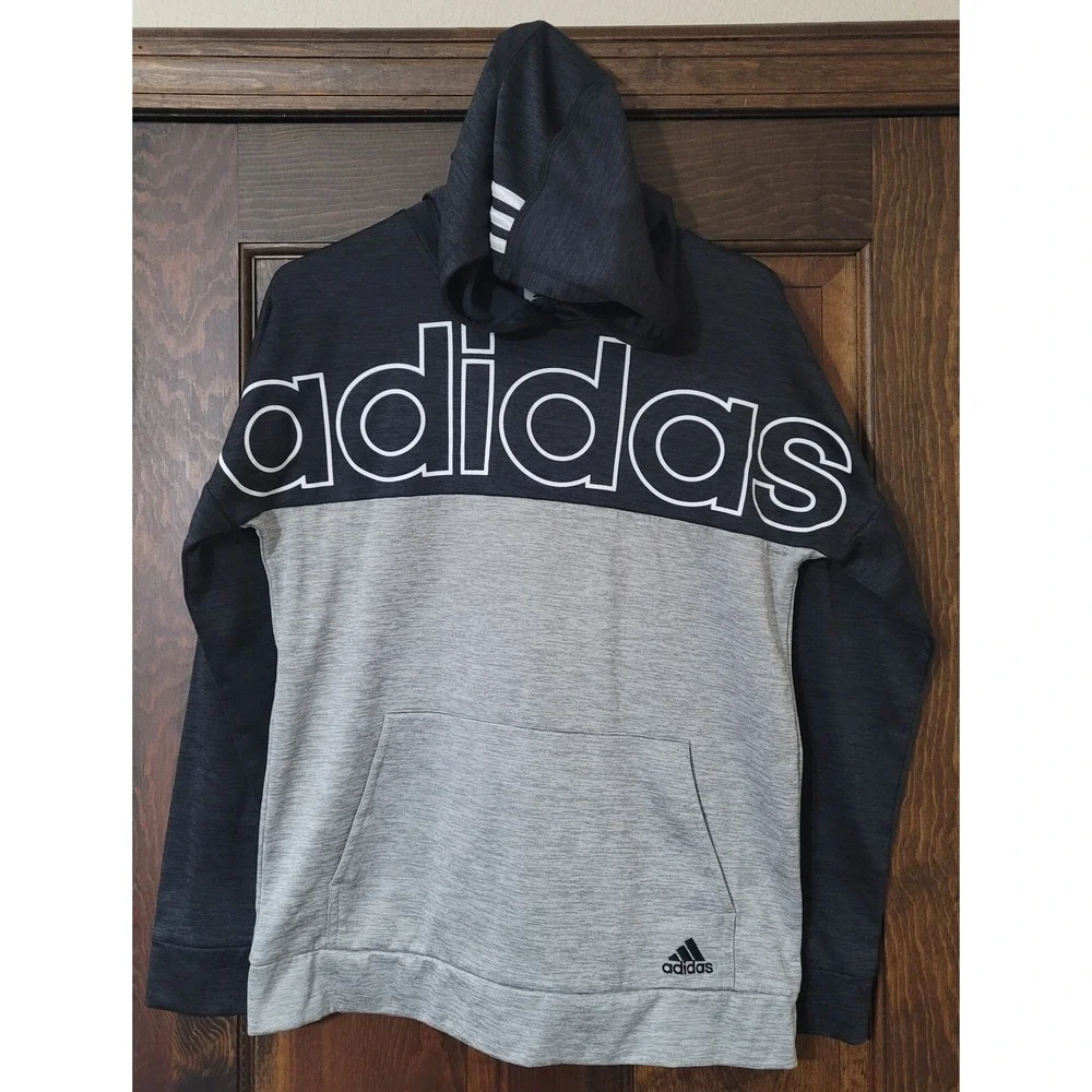 Adidas Unisex Kid's Black Grey Long Sleeve  Hooded Sweatshirt XL 18-20