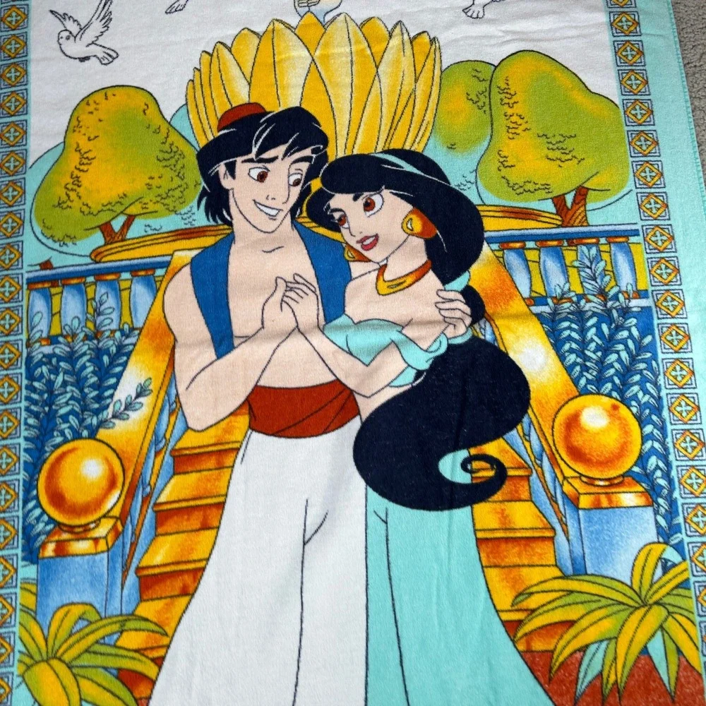 Vintage Disney Aladdin and Princess Jasmine Beach Towel Teal Orange Graphic 90s