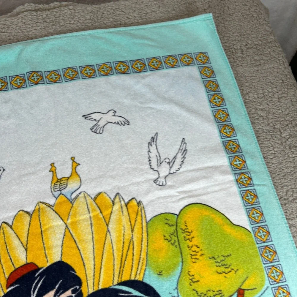 Vintage Disney Aladdin and Princess Jasmine Beach Towel Teal Orange Graphic 90s