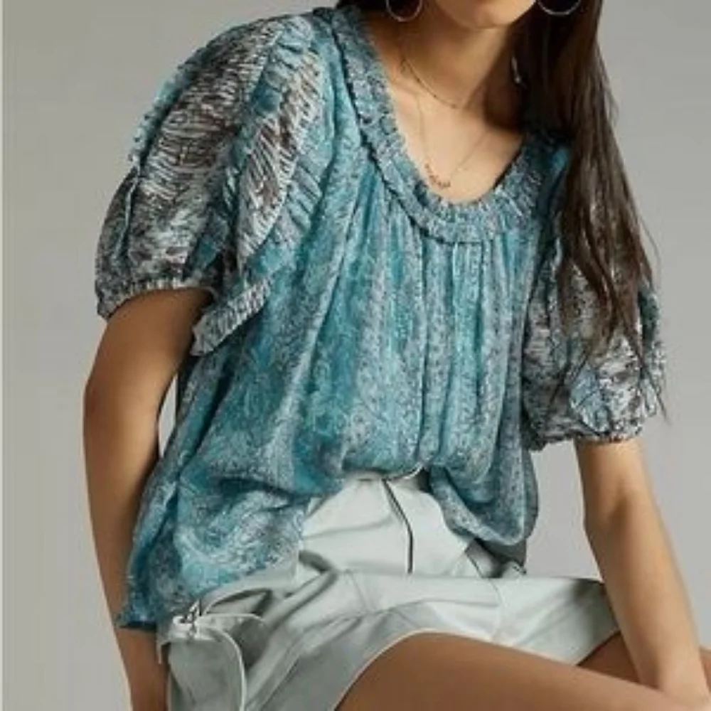 ANTHROPOLOGIE-Pintucked Chiffon Blouse- Size Large
