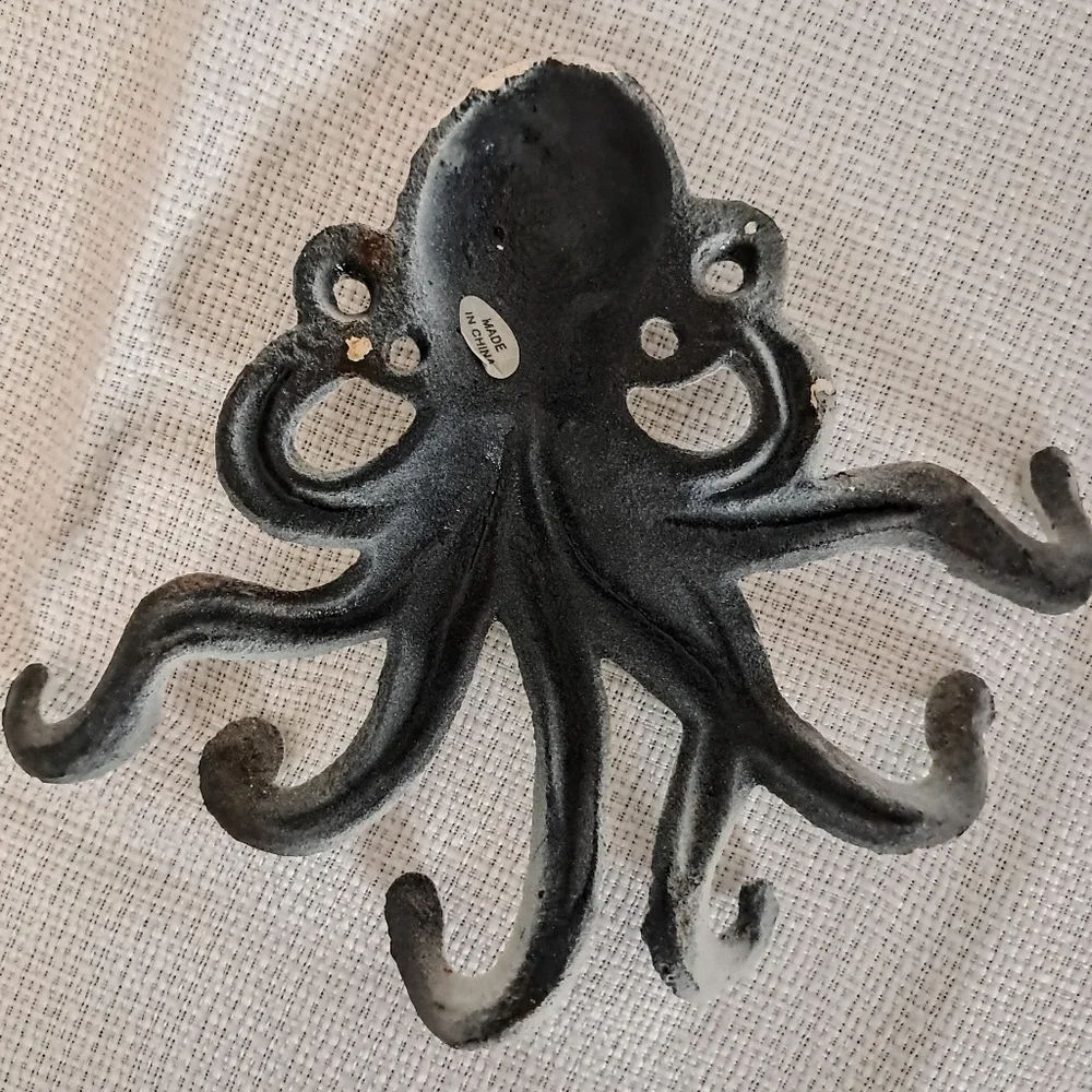 Painted Cream Distressed Octopus Wall Multi Hook Wrought Iron Coastal Cottage
