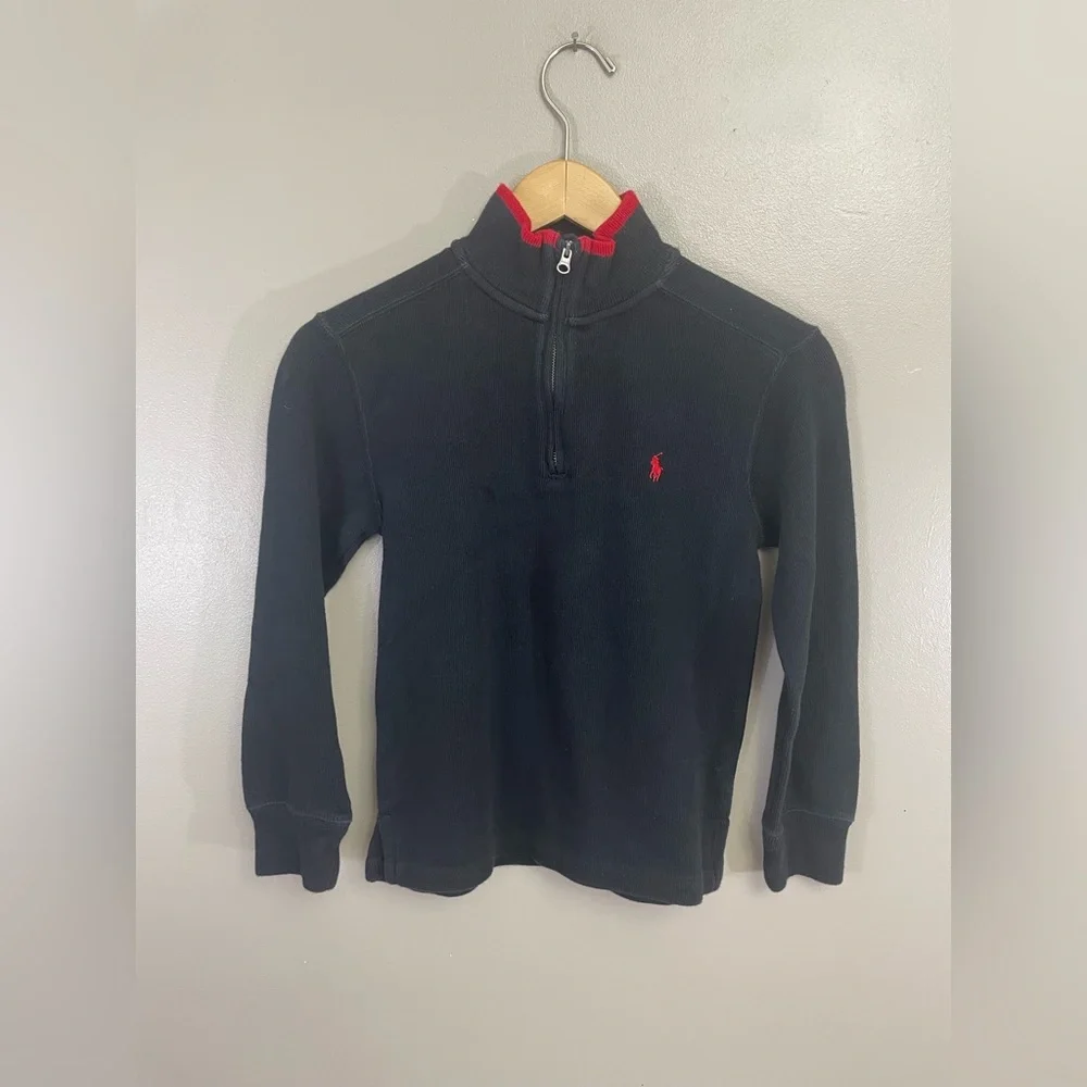 Ralph Lauren boys size 8 1/4 zip sweater black red pony