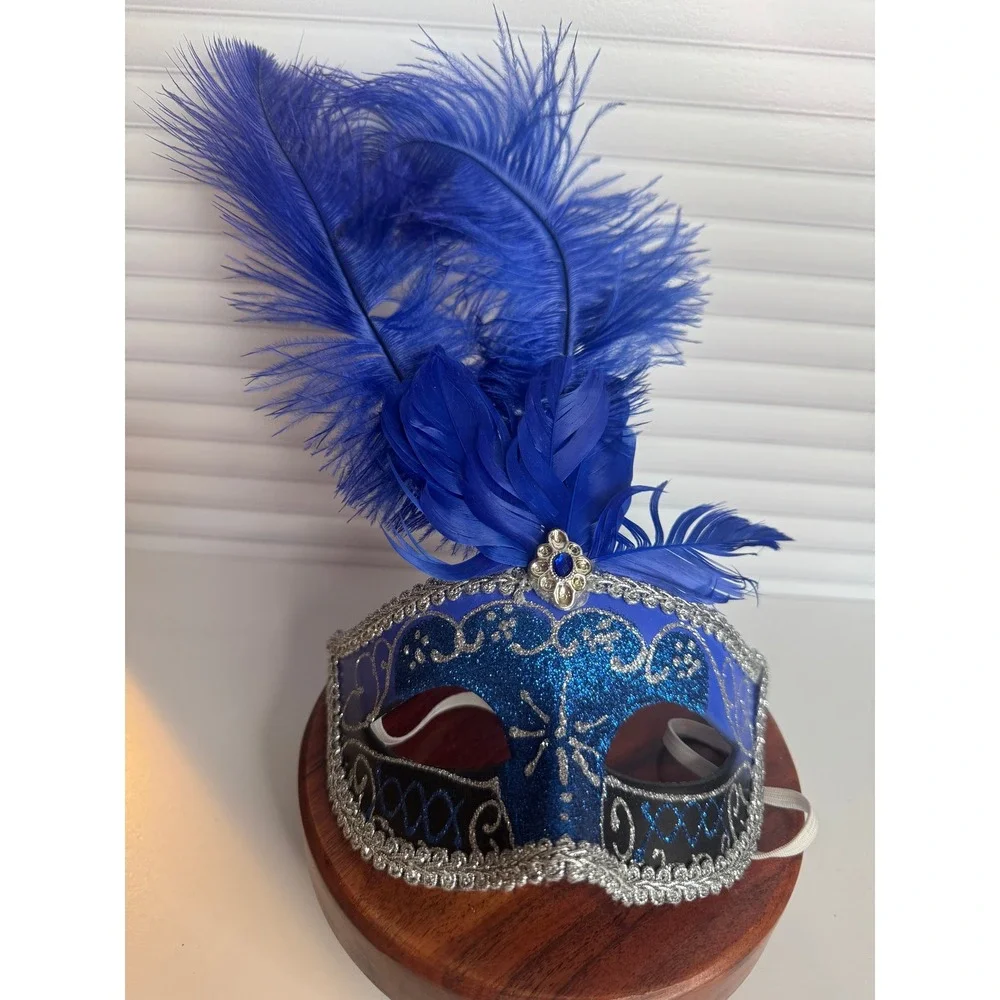 Blue Silver Mardi Gras Masquerade Mask Feather Venetian Style Costume Mask