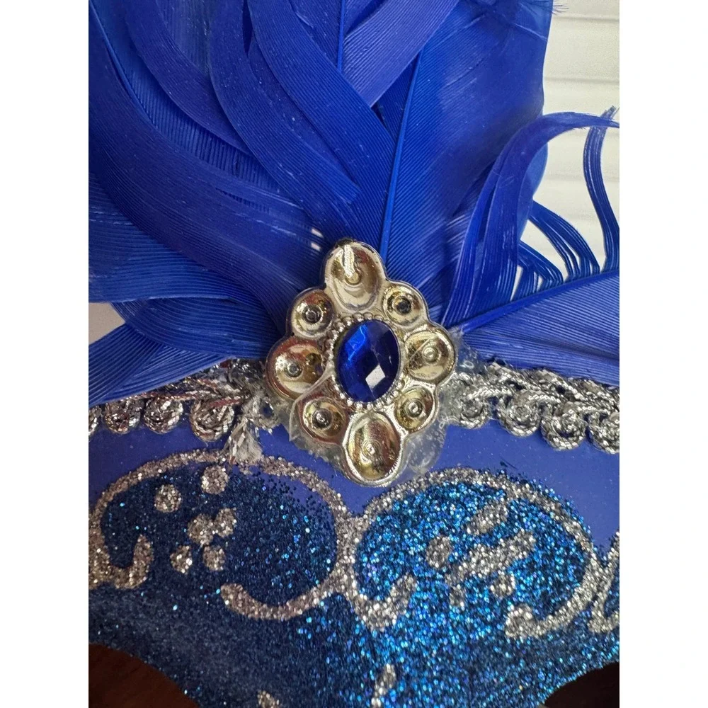 Blue Silver Mardi Gras Masquerade Mask Feather Venetian Style Costume Mask