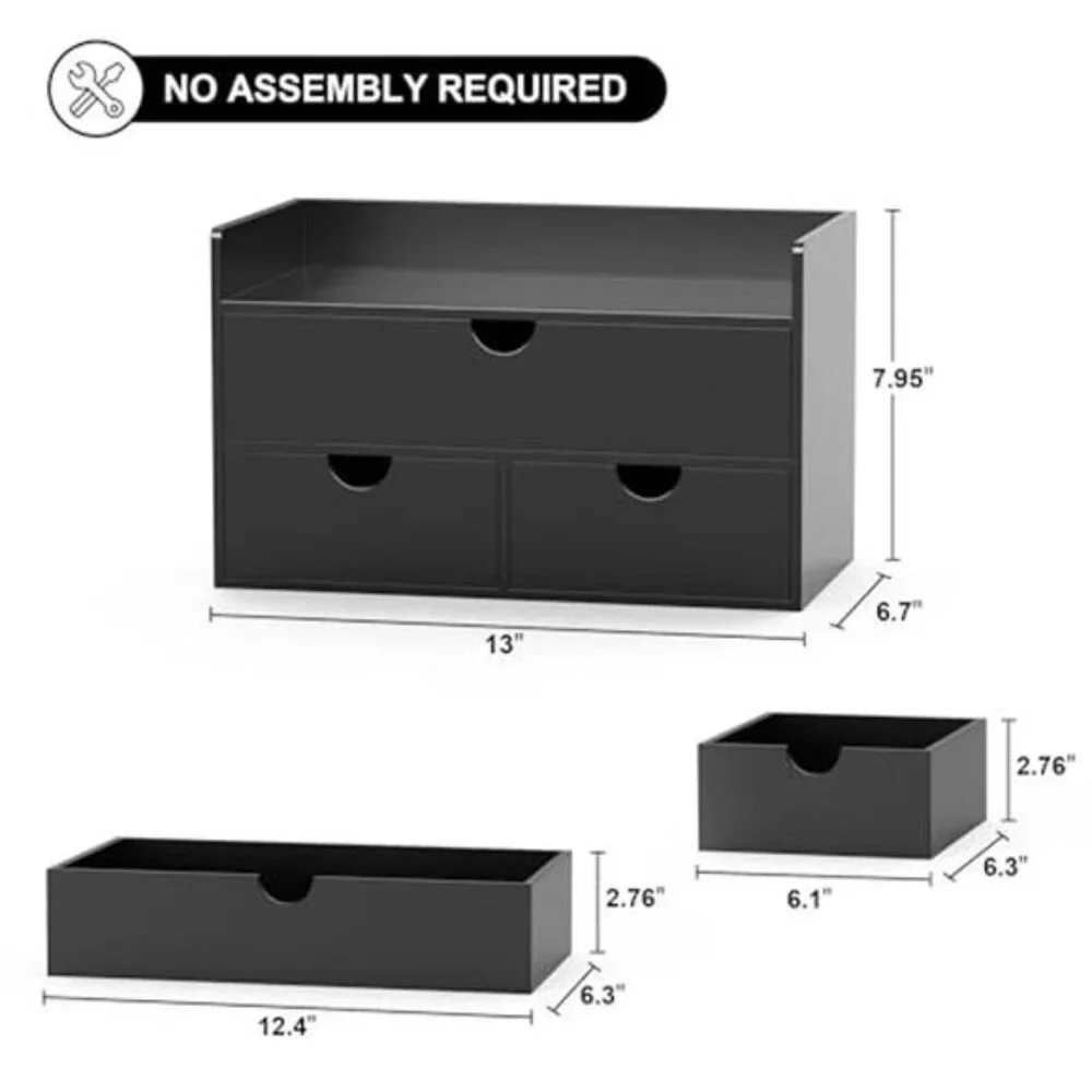 Bamboo Desk Organizer Drawer Desktop Storage Makeup Office Home Black Shelf